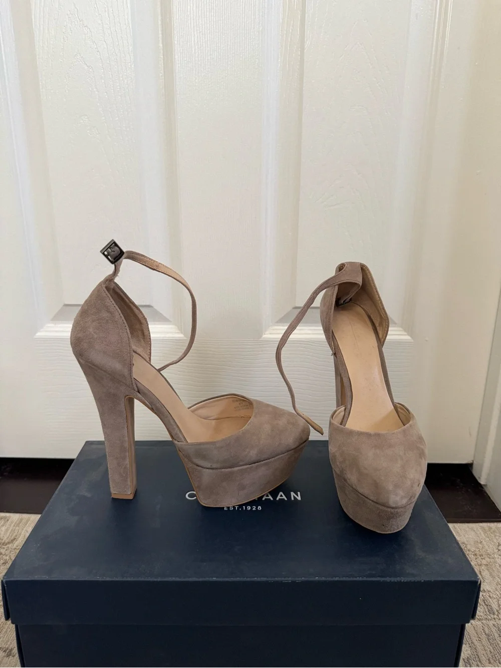 Zara Taupe Suede Platform Ankle-Strap Heels